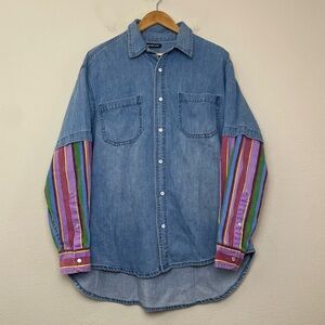 Balenciaga Oversized Panelled Striped Denim Shirt Size Small Mens Light Blue EUC